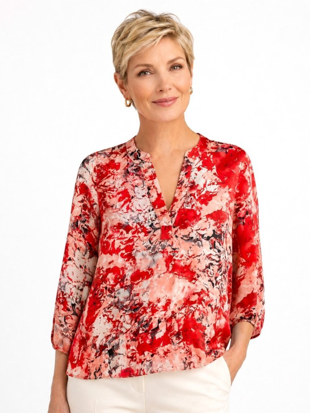 Parker Red Pink Abstract Print Silk Long Sleeve Top